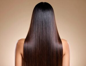 Cabello-ultra-liso-cayendo-desde-la-cabeza-de-una-mujer-de-espaldas-fondo-minimalist