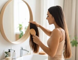 Mujer-en-su-casa-peinandose-o-aplicando-tratamiento-capilar-ambiente-relajado-luz-